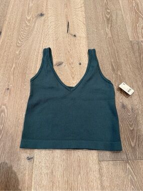 Free People Ribbed V-Neck Cropped Tank in Teal Green